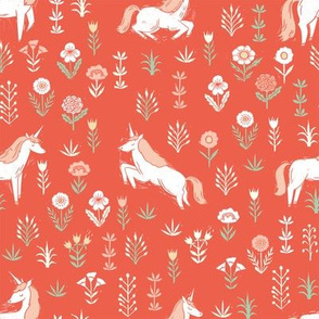 linocut unicorn // flower, floral, linocut, unicorns nursery baby design - cute andrea lauren fabric - coral