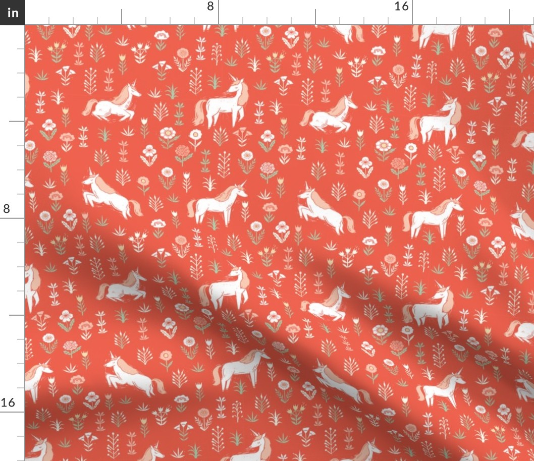 linocut unicorn // flower, floral, linocut, unicorns nursery baby design - cute andrea lauren fabric - coral