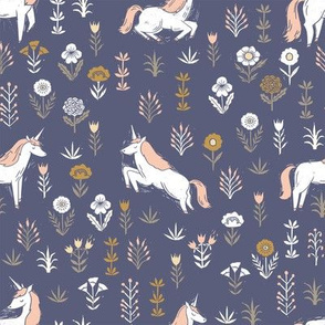 linocut unicorn // flower, floral, linocut, unicorns nursery baby design - cute andrea lauren fabric - blue