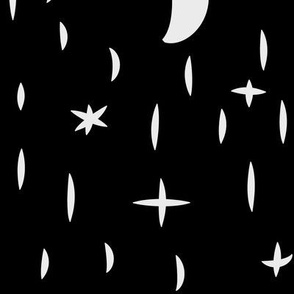 large - boho moon and stars in white on black