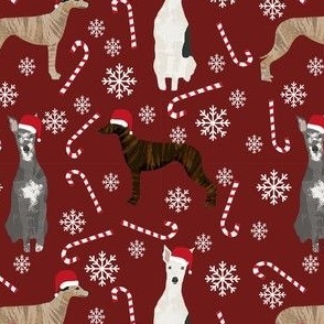 whippet peppermint fabric // dog christmas, xmas, holiday cute dogs, snowflake winter fabric - burgundy