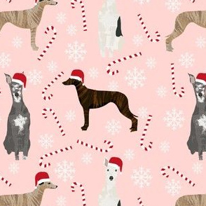 whippet peppermint fabric // dog christmas, xmas, holiday cute dogs, snowflake winter fabric - pink