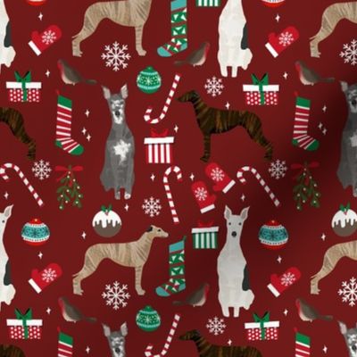 whippet christmas fabric // xmas, holiday, christmas, holiday dog, dogs breeds - burgundy