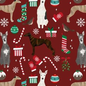 whippet christmas fabric // xmas, holiday, christmas, holiday dog, dogs breeds - burgundy