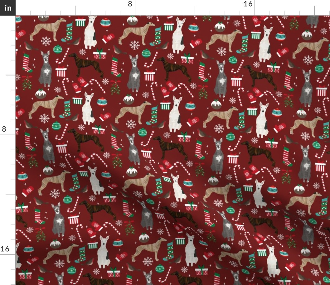 whippet christmas fabric // xmas, holiday, christmas, holiday dog, dogs breeds - burgundy