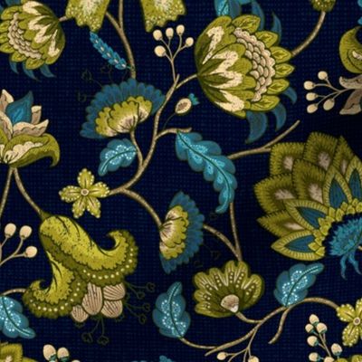 Green and Blue Indian Floral in Dark Blue RS