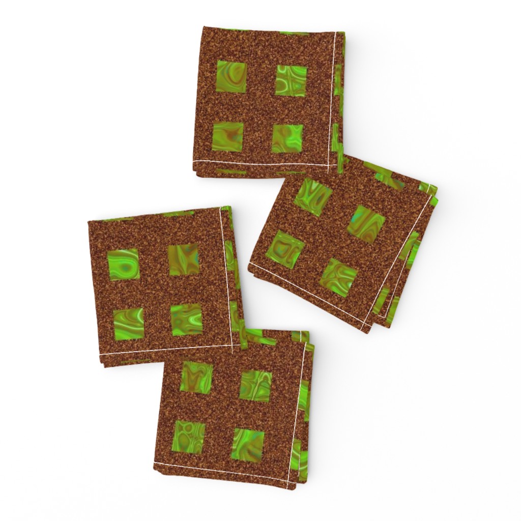 CSMC1 -  Marbled Abstract  Art Gallery Checks in Lime and Olive Greens with Glitzy  Rust Brown 