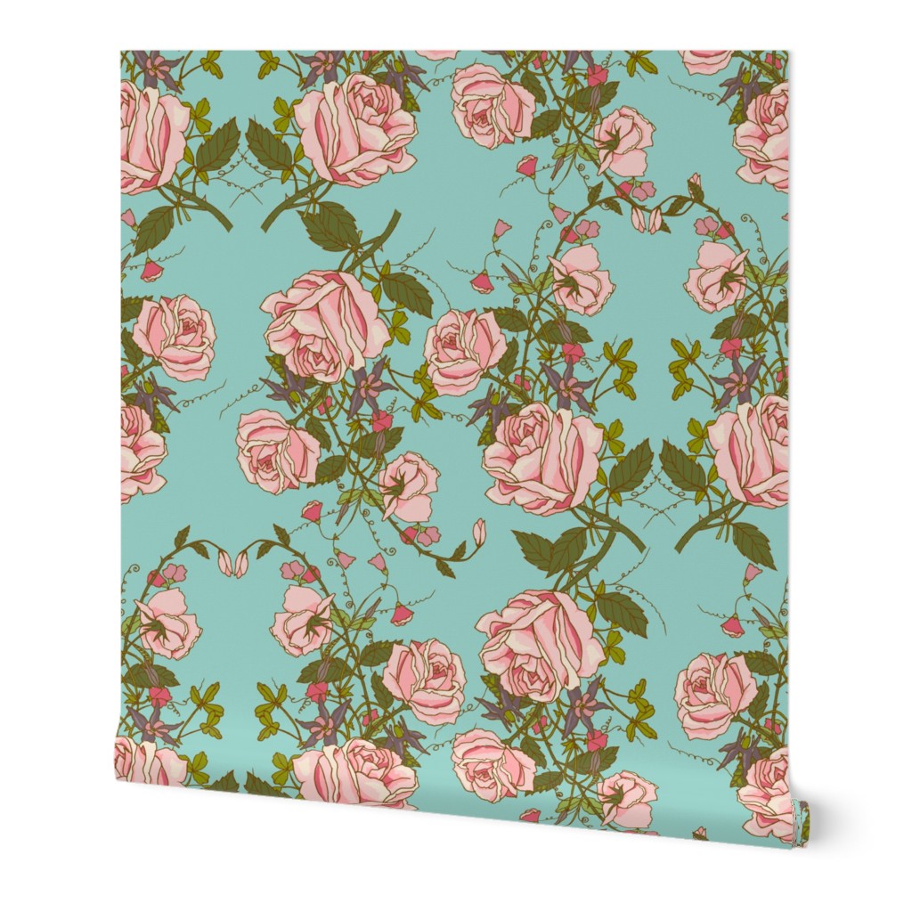 Pink Tea Rose Vines On Sky Blue Background