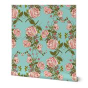 Pink Tea Rose Vines On Sky Blue Background