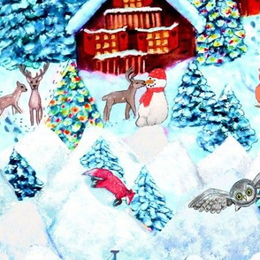 Scandinavian snow day fun, deer, mountains, fox, owl, holiday village