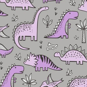 Dinosaurs in Purple on Grey