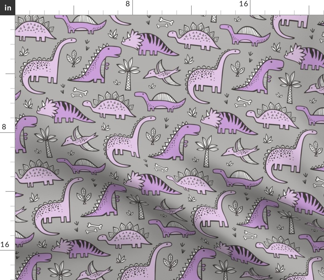 Dinosaurs in Purple on Grey