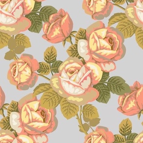 Vintage roses in coral and olive, on grey