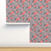 Vintage Antique Floral Flowers Red on Grey