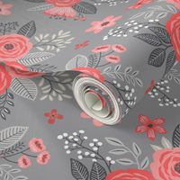 Vintage Antique Floral Flowers Red on Grey