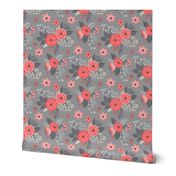 Vintage Antique Floral Flowers Red on Grey