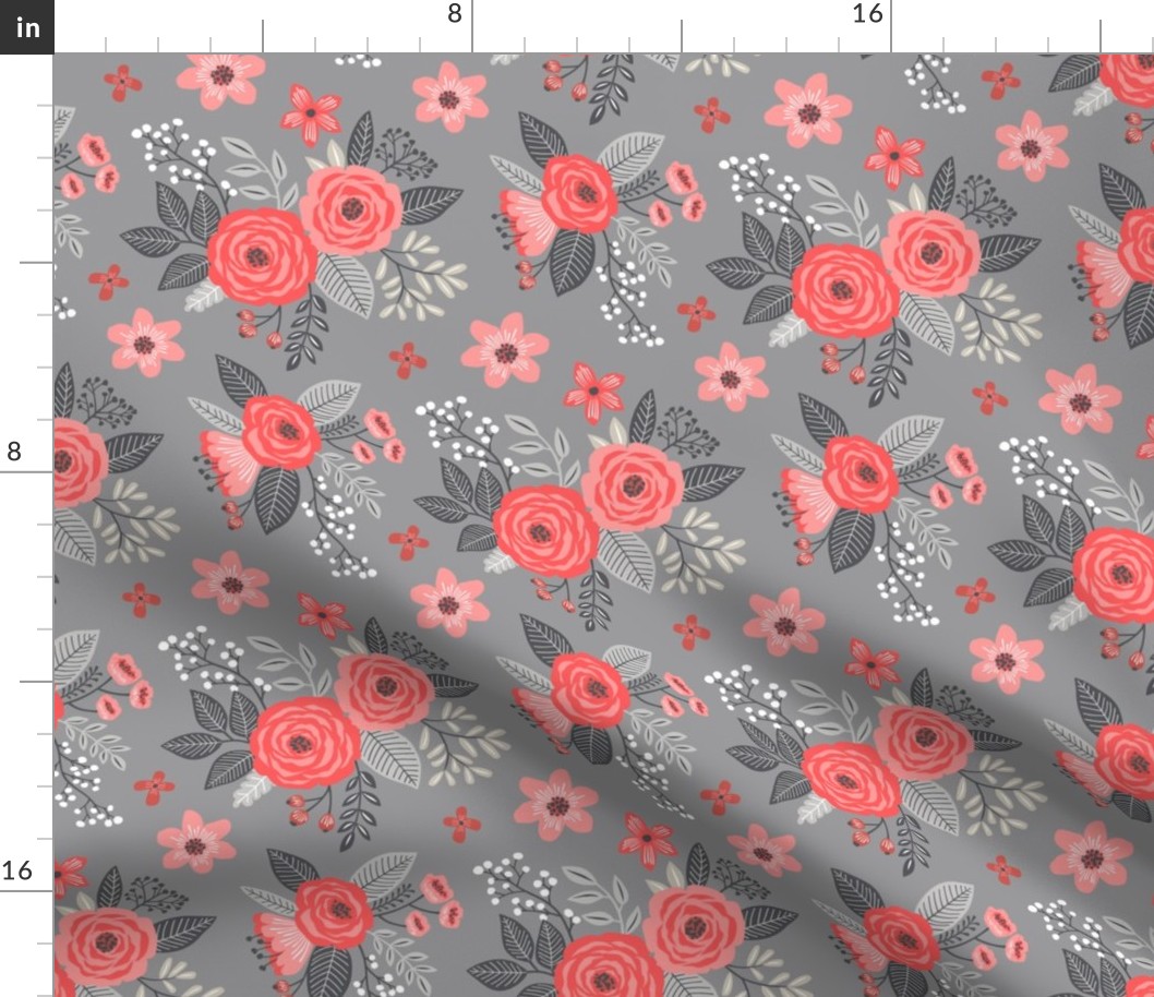 Vintage Antique Floral Flowers Red on Grey