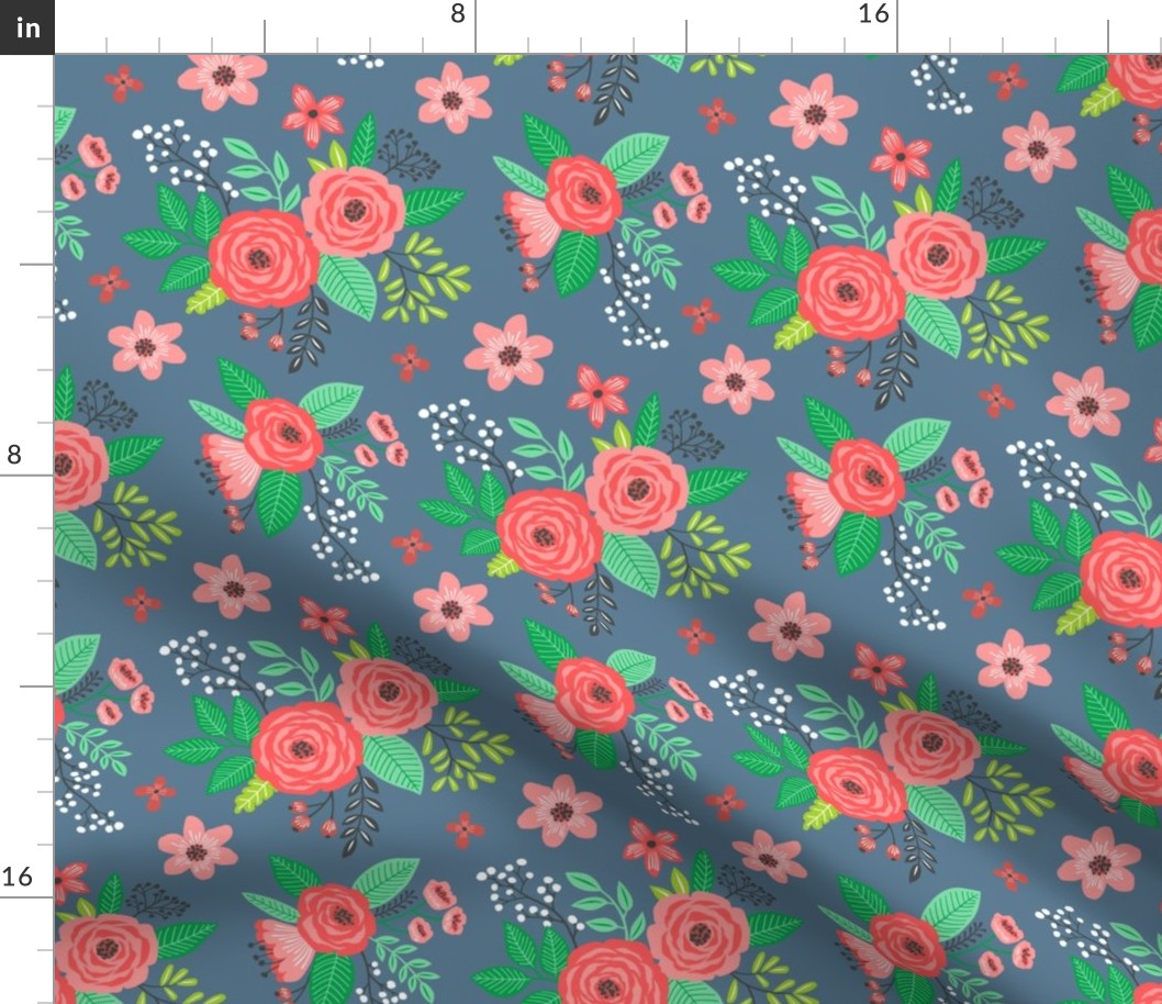 Vintage Antique Floral Flowers Christmas Red on Navy Blue