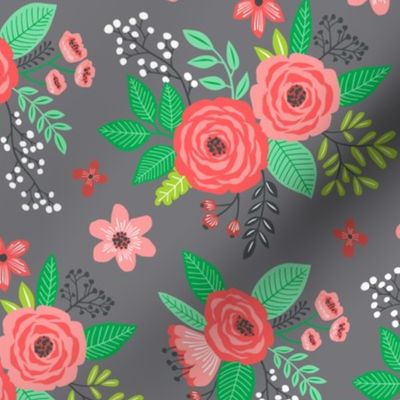 Vintage Antique Floral Flowers Christmas Red on Grey