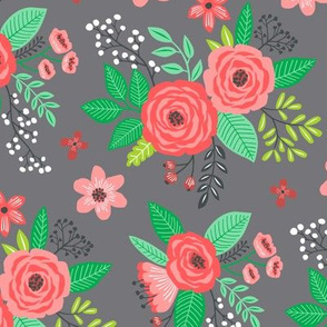 Vintage Antique Floral Flowers Christmas Red on Grey