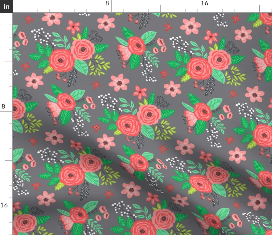 Vintage Antique Floral Flowers Christmas Red on Grey