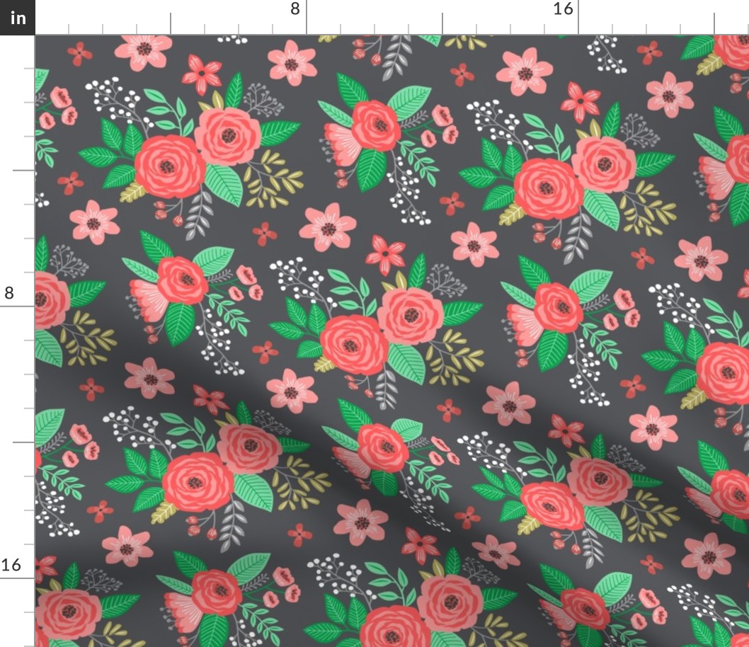 Vintage Antique Floral Flowers Christmas Red on Dark Grey