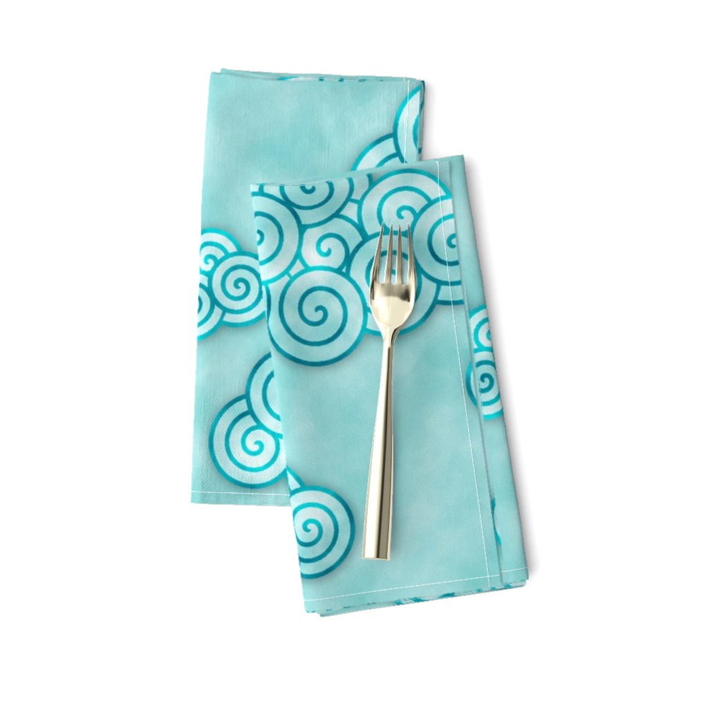 Stylized azure cloud spirals float on a textured seafoam sky, creating a whimsical dreamscape.