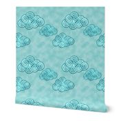 Stylized azure cloud spirals float on a textured seafoam sky, creating a whimsical dreamscape.