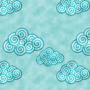 Stylized azure cloud spirals float on a textured seafoam sky, creating a whimsical dreamscape.