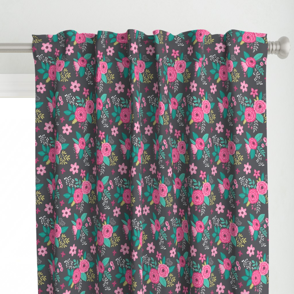 Vintage Antique Floral Flowers Pink on Dark Grey