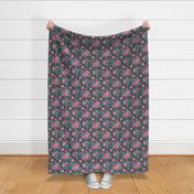 Vintage Antique Floral Flowers Pink on Dark Grey