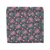 Vintage Antique Floral Flowers Pink on Dark Grey