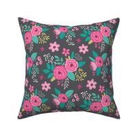 Vintage Antique Floral Flowers Pink on Dark Grey