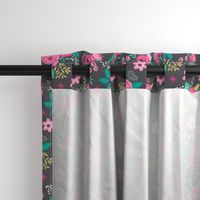 Vintage Antique Floral Flowers Pink on Dark Grey