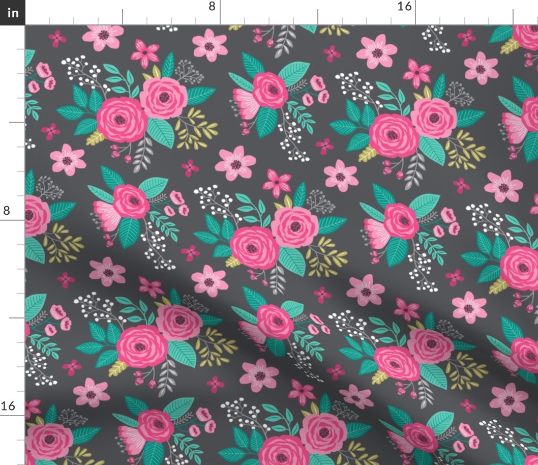 Vintage Antique Floral Flowers Pink on Dark Grey