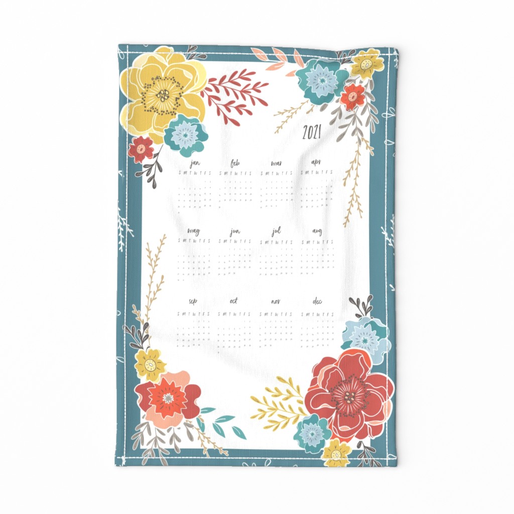 Teal Vintage Floral 2021 Tea Towel Calendar