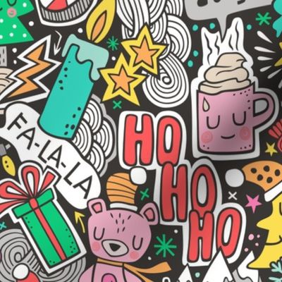 Crazy Holidays Winter Things Christmas Fabric Doodle with Pink Larger