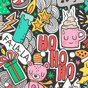 Crazy Holidays Winter Things Christmas Fabric Doodle with Pink Larger