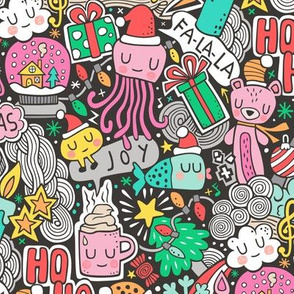Crazy Holidays Winter Things Christmas Fabric Doodle with Pink