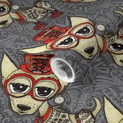 Steampunk Chihuahua victorian ornate, large scale, gray grey beige red