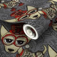 Steampunk Chihuahua victorian ornate, large scale, gray grey beige red