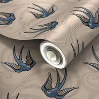 ★ SWALLOW TATTOO ★ Blue on Ecru, Small Scale / Collection : Swallows & Polka Dots – Rockabilly Prints