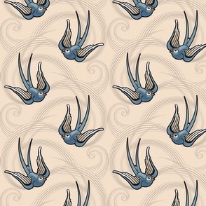 ★ SWALLOW TATTOO ★ Blue on Ecru, Small Scale / Collection : Swallows & Polka Dots – Rockabilly Prints