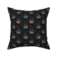 ★ SWALLOW TATTOO ★ Teal + Blue + Orange on Black, Small Scale / Collection : Swallows & Polka Dots – Rockabilly Prints