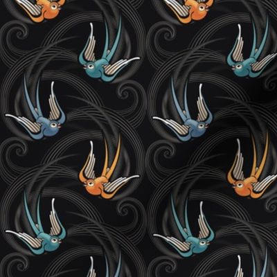 ★ SWALLOW TATTOO ★ Teal + Blue + Orange on Black, Small Scale / Collection : Swallows & Polka Dots – Rockabilly Prints