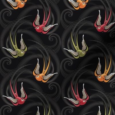 ★ SWALLOW TATTOO ★ Olive green + Garnet Red + Orange on Black, Small Scale / Collection : Swallows & Polka Dots – Rockabilly Prints