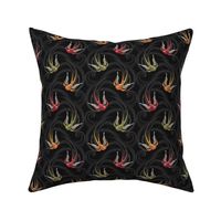 ★ SWALLOW TATTOO ★ Olive green + Garnet Red + Orange on Black, Small Scale / Collection : Swallows & Polka Dots – Rockabilly Prints