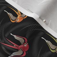 ★ SWALLOW TATTOO ★ Olive green + Garnet Red + Orange on Black, Small Scale / Collection : Swallows & Polka Dots – Rockabilly Prints