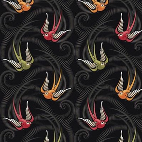 ★ SWALLOW TATTOO ★ Olive green + Garnet Red + Orange on Black, Small Scale / Collection : Swallows & Polka Dots – Rockabilly Prints