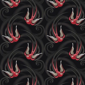 ★ SWALLOW TATTOO ★ Garnet Red on Black, Small Scale / Collection : Swallows & Polka Dots – Rockabilly Prints